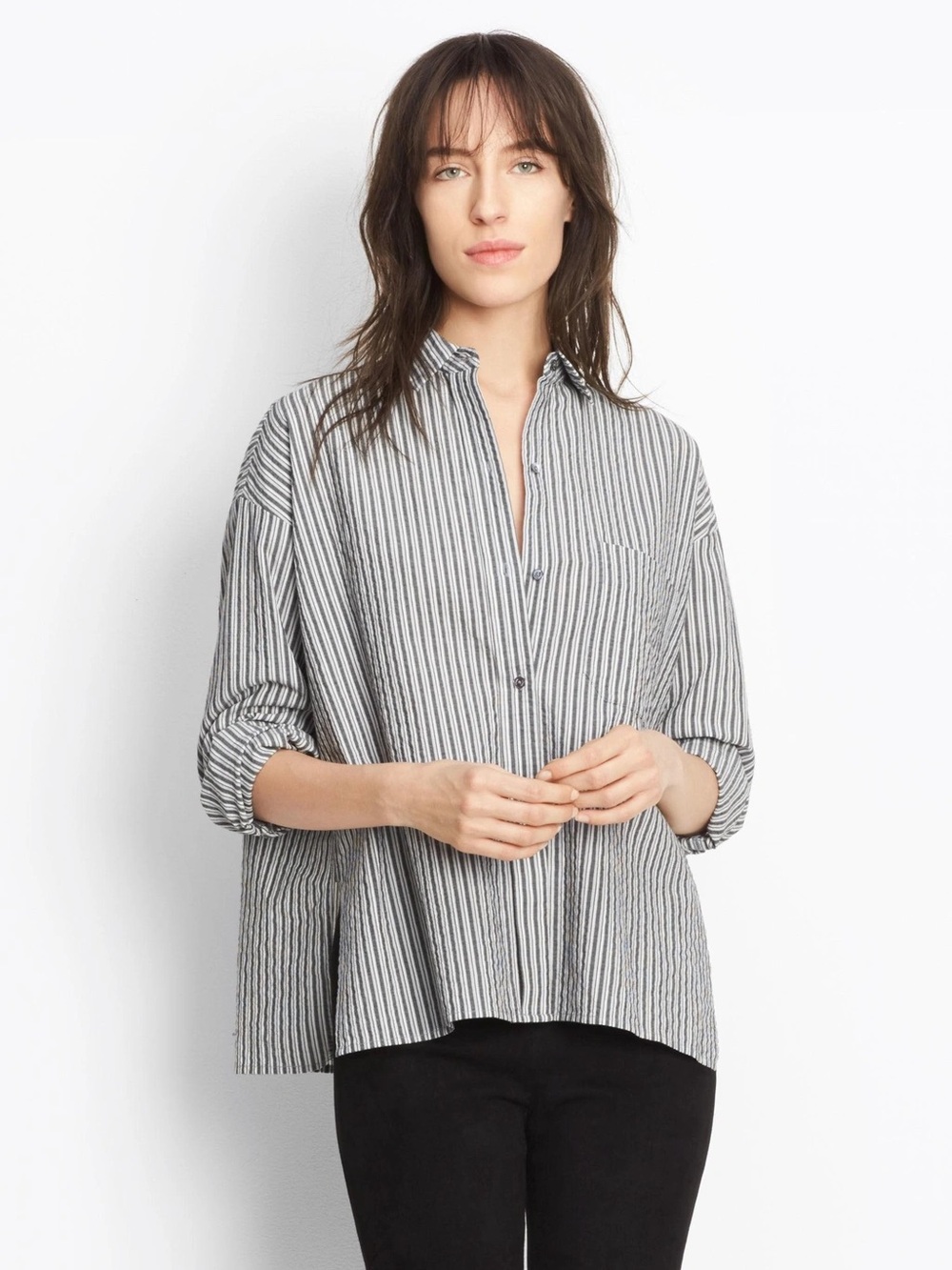 VINCE Striped Boxy Shirt in black/grey/white